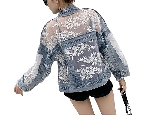Jeansjacke Damen,Damen Jeansjacke Mit Spitze Und Blumenstickerei Ausgefranste Jeans Oberteile Maßgeschneiderter Stretch Trucker Lässige Oberbekleidung Abgeschnittener Jeansmantel Mit Knöpfen Strickj Jeansjacke Damen,Damen Jeansjacke Mit Spitze Und Blumenstickerei Ausgefranste Jeans Oberteile Maßgeschneiderter Stretch Trucker Lässige Oberbekleidung Abgeschnittener Jeansmantel Mit Knöpfen Strickj von BROLEO