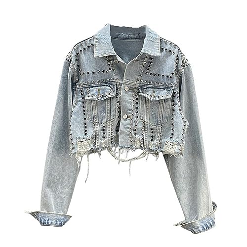 Jeansjacke Mädchen,Damen Jeansjacke Mit Schweren Nieten Vintage Stil Ausgefranste Nagelperlen Kurze Jeans Oberteile Maßgeschneiderter Stretch Jeansmantel Mit Trucker Knopf Strickjacke Abgeschnittene Jeansjacke Mädchen,Damen Jeansjacke Mit Schweren Nieten Vintage Stil Ausgefranste Nagelperlen Kurze Jeans Oberteile Maßgeschneiderter Stretch Jeansmantel Mit Trucker Knopf Strickjacke Abgeschnittene von BROLEO