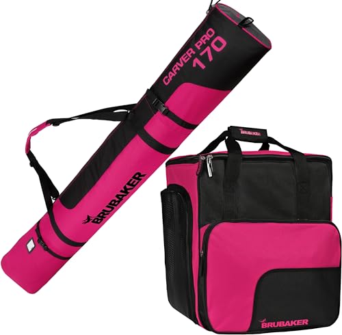 BRUBAKER Ski Kombi Set - Carver PRO - Skisack und Skischuhtasche für 1 Paar Ski 170 cm + Stöcke + Schuhe + Helm - Rucksack Taschen Set für Skifahrer - Schwarz Pink von BRUBAKER