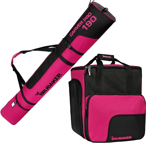 BRUBAKER Ski Kombi Set - Carver PRO - Skisack und Skischuhtasche für 1 Paar Ski 190 cm + Stöcke + Schuhe + Helm - Rucksack Taschen Set für Skifahrer - Schwarz Pink BRUBAKER Ski Kombi Set - Carver PRO - Skisack und Skischuhtasche für 1 Paar Ski 190 cm + Stöcke + Schuhe + Helm - Rucksack Taschen Set für Skifahrer - Schwarz Pink von BRUBAKER