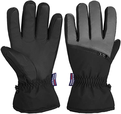 BRUBAKER Skihandschuhe Wasserdicht und Winddicht mit Reißverschluss Tasche - Winterhandschuhe für Herren und Damen - Warme Snowboardhandschuhe - Thermo Handschuhe für Ski Snowboard Schwarz Grau L/XL von BRUBAKER