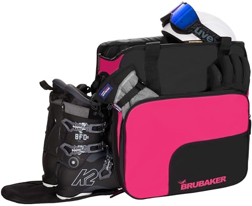 BRUBAKER Skischuhtasche Superfunction - Helmtasche Skischuhrucksack für Skistiefel, Skihelm, Handschuhe und Bekleidung - Skischuh Tasche mit Helmfach - Schwarz Pink von BRUBAKER