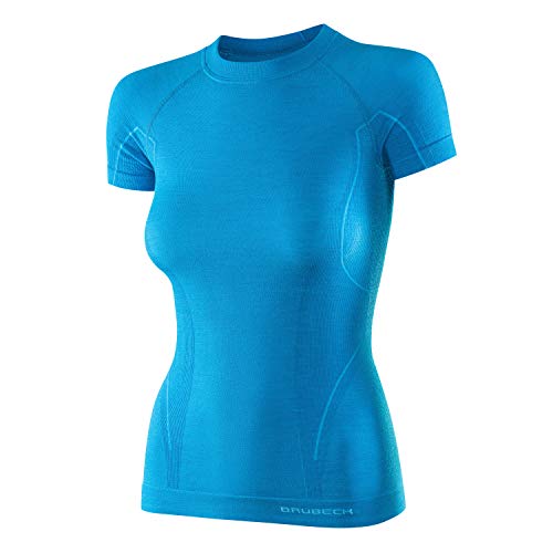 BRUBECK Damen Funktionsunterwäsche Kurzarm Merino I Funktionsshirt für Frauen I blaues Sportshirt I Laufshirt atmungsaktiv I T-Shirt Joggen I 41% Merinowolle I Gr. XL, Hellblau I SS11700 von BRUBECK