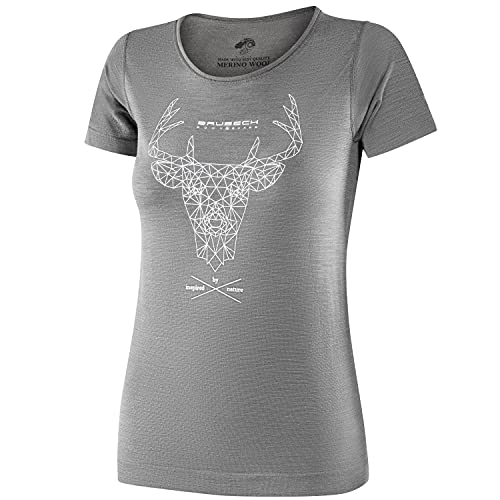 BRUBECK Damen Kurzarm Funktionsshirt | Atmungsaktiv | Thermo | Sport | Outdoor | Fitness | Unterhemd | T-Shirt | 27% Merino-Wolle | SS12720A Gr. XL Grau - Hirsch von BRUBECK