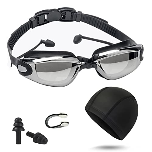 BSITSSS Schwimmbrille, Taucherbrille Erwachsene Anti-Beschlag UV-Schutz Schwimmbrille Herren, Schwimmbrille Damen mit Ohrstöpsel, Badekappe, Nasenklammer Schwimmen für Erwachsene, Männer und Frauen von BSITSSS