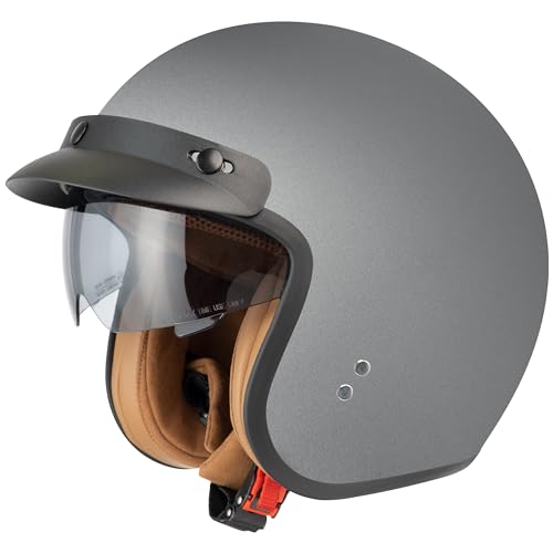 Jethelm mit Visier by BS Way: Hochwertiger Motorradhelm, ECE-Zertifiziert für Herren und Damen - Ideal für Roller, Moped, Mofa und Scooter - Retro Helm Design, Halbschalenhelm Matt Grau von BSWAY