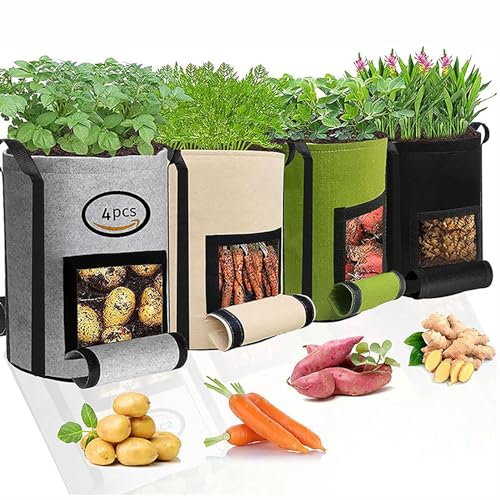 BTAISYDE 4 Pack Potato Grow Bags - Gardening Plant Growing Bags - Tomato, Carrot Vegetable Planter Container with Window, Felt Plant Growing Bags with Handles Garden Grow Bags,7GAL von BTAISYDE
