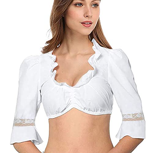 BTAISYDE Damen Dirndlblusen Spitze Weiß Transparent Dirndl Bluse Kurzarm V-Ausschnitt Spitzendirndlbluse Trachtenbluse für Oktoberfest,White,M von BTAISYDE