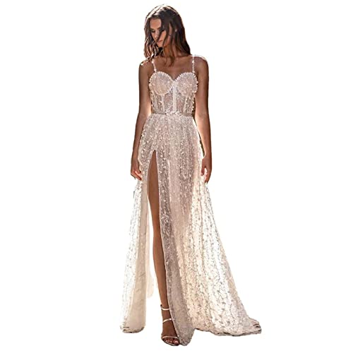 BTAISYDE Frauen Brautkleider A-Linie V-Ausschnitt Tüll Spitze Rückenlos Boho Brautkleid Brautkleider,White,L von BTAISYDE