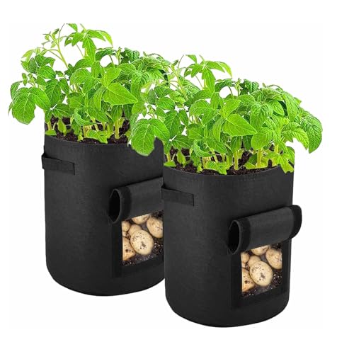 BTAISYDE Potato Grow Bag, 2-Pack Vegetable Grow Plant Bags mit Sichtfenster und Griffen für Gemüse, Obst, Blumen, Kartoffel,Black,10 gallons von BTAISYDE