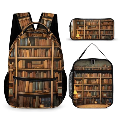 BTCOWZRV 3-teiliges Rucksack-Set, großes Fassungsvermögen, multifunktional, Retro-Bücherregal, Laptop-Rucksack mit Lunchtasche, Federmäppchen, trendiger Rucksack und Stifttasche, 3-in-1-Set, von BTCOWZRV