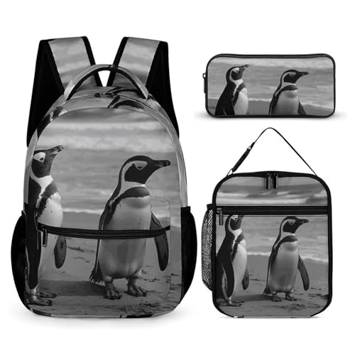 BTCOWZRV 3-teiliges Rucksack-Set mit großem Fassungsvermögen, multifunktionaler Pinguin, stehend am Strand, Laptop-Rucksack mit Lunch-Tasche, Federmäppchen, trendiger Rucksack und Stifttasche, von BTCOWZRV