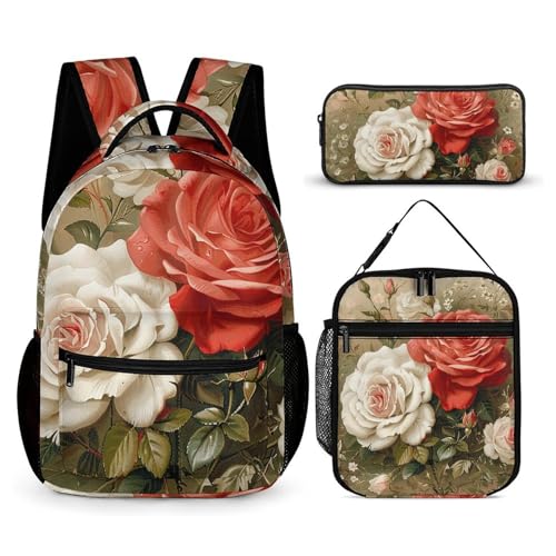 BTCOWZRV 3-teiliges Rucksack-Set mit großem Fassungsvermögen, multifunktionaler Rosen-Vintage-Stil, Laptop-Rucksack mit Lunch-Tasche, Federmäppchen, trendiger Rucksack und Stifttasche, 3-in-1-Set, von BTCOWZRV