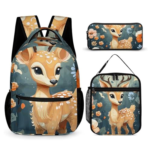 BTCOWZRV 3-teiliges Rucksack-Set mit großer Kapazität, multifunktionaler Cartoon-Hirsch-Blumen-Rucksack mit Lunch-Tasche, Federmäppchen, trendiger Rucksack und Stifttasche, 3-in-1-Set, von BTCOWZRV