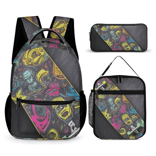 BTCOWZRV 3-teiliges Rucksack-Set mit großer Kapazität, multifunktionaler Graffiti-Skateboard-Laptop-Rucksack mit Lunchtasche, Federmäppchen, trendiger Rucksack und Stifttasche, 3-in-1-Set, von BTCOWZRV