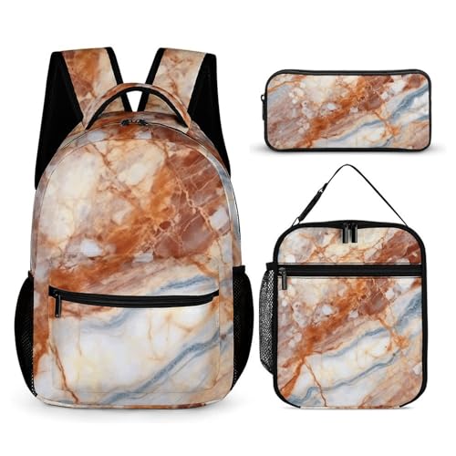 BTCOWZRV 3-teiliges Rucksack-Set mit großer Kapazität, multifunktionaler Marmor-Laptop-Rucksack mit Lunch-Tasche, Federmäppchen, trendiger Rucksack und Stifttasche, 3-in-1-Set, Reise-Tagesrucksack, von BTCOWZRV