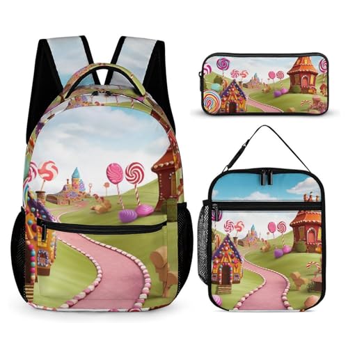 BTCOWZRV 3-teiliges Rucksack-Set mit großer Kapazität, multifunktionaler Süßigkeiten-Land-Laptop-Rucksack mit Lunch-Tasche, Federmäppchen, trendiger Rucksack und Stifttasche, 3-in-1-Set, von BTCOWZRV