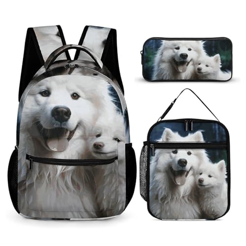 BTCOWZRV 3-teiliges Rucksack-Set mit großer Kapazität, multifunktionaler weißer Hunde-Laptop-Rucksack mit Lunch-Tasche, Federmäppchen, trendiger Rucksack und Stifttasche, 3-in-1-Set, von BTCOWZRV