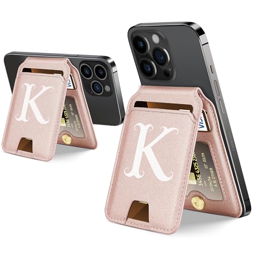 Initial A-Z Mag-Safe Wallet Folding Magnetic Card Holder for The Back of iPhone, Personalized 5 Card Slots, Magnetic Attraction Mag-Safe Wallet Case for Series of iPhone 15/14/13, Rose Gold K von BUGARORE
