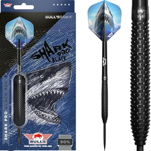 BULL'S Shark Pro Black 90% Tungsten Steeldart - 25g | Präzise gerade Barrels mit einzigartigem Shark Grip von BULL'S