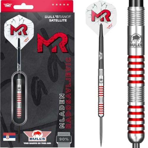 Bull’s Mladen Radosavljevic 90% Tungsten Steeltip Darts - 21g - Professionelle Darts mit Umgekehrtem Shark Grip, Eingraviertem Logo, Silber-Rotes Design, Perfekte Balance für Präzise Würfe von BULL'S