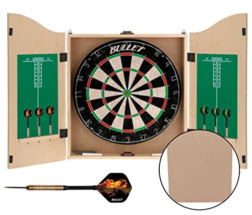 Bullet Dartschrank aus hellem Holz - Board aus Borsten-Sisal - 6X Steeldarts - mit Scoreboard im Inneren von BULLET-Darts