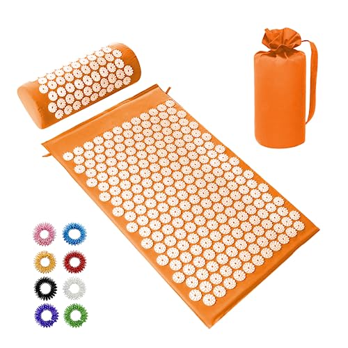 Akupressurmatte & Kissen Set/Akupunkturmatte Spike Yogamatte für Massage Wellness Entspannung und Verspannungen Entspannung Muskeln Entspannung nach Sport Genesung (Orange) von BULZEU