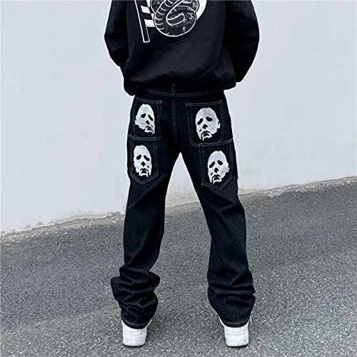 BURAANSH Drucken Streetwear Männer Hip Hop Baggy Jeans Hosen Y2K Kleidung Gerade Lose Goth Denim Hosen Jeans,Schwarz,XL von BURAANSH