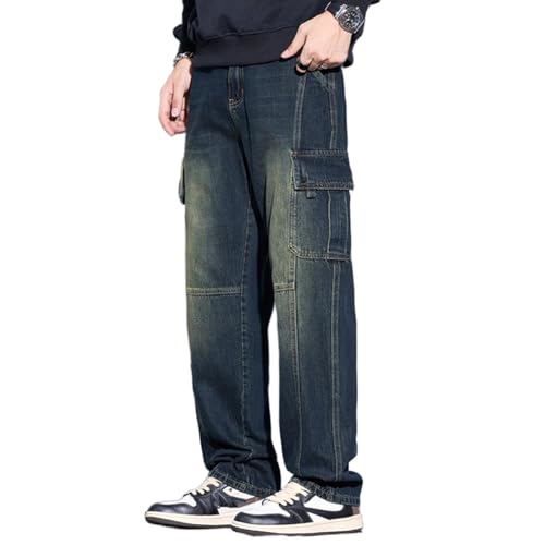 BURAANSH Herren Baumwolle Gerade Cargo Jeans Trendige Multi-Pocket High Street Lose Hosen Mann Vintage Mode Denim Hosen Herbst Winter Casual Hosen,HuaijiuBlue,33 von BURAANSH