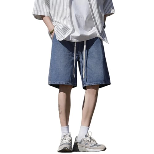BURAANSH Herren Sommer Baggy Straight Denim Shorts Elastische Taille Mode Lässig Lose Kurze Kurze Männliche Kleidung,Dunkelblau,M (50–57,5 Kg) von BURAANSH