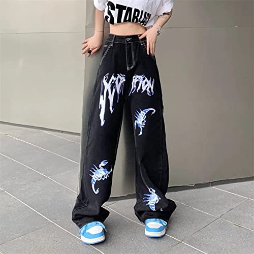 BURAANSH High Street Straight Jeans Weibliche Mode Egirl Goth Kleidung Anime Print Wide Leg Daddy Baggy Hohe Taille Jeans Hosen Frau,Schwarz,S von BURAANSH