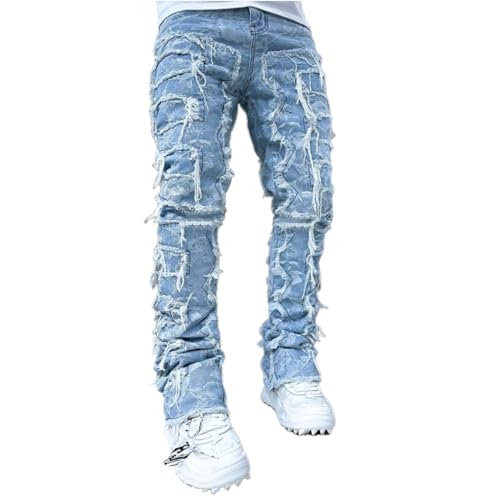 BURAANSH Mann Gestapelte Jeans Elastische Taille Gerade Passform Patchworks Denim Lange Hosen Fransen Zerrissene Jeans Für Männer,Drucken,L von BURAANSH