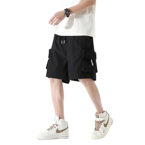BURAANSH Sommer Cargo-Shorts Männer Streetwear Multi-Taschen Polyester Kordelzug Lose Kurze Hose Männliche Sport Casual Shorts,Schwarz,4XL von BURAANSH