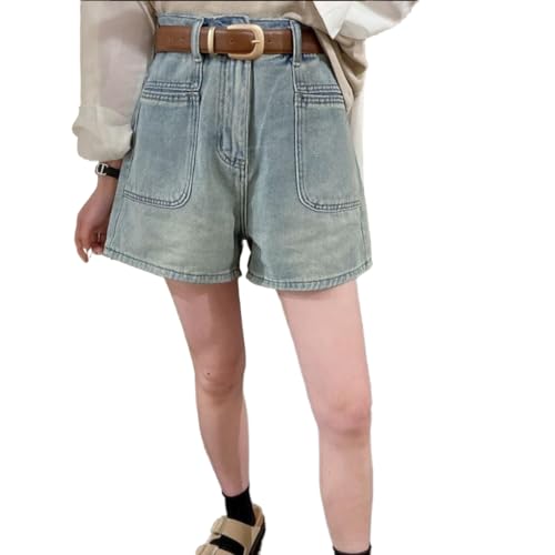 BURAANSH Sommer Denim Shorts Koreanischen Stil Frauen Hohe Taille Schlank Breite Bein Hosen Retro Hellblau Gewaschen A-Line Jeans Shorts,Hellblau,XL von BURAANSH