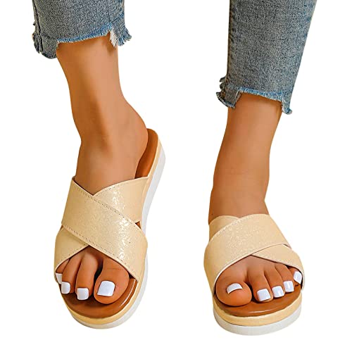 BUXIANGGAN Hausschuhe Pantoletten Slipper Damen Herren Dicker Boden Einfarbig Damen Hausschuhe Outdoor Pu Leder Cross Strap Open Toe Plateau Sandalen Weiche Flache Slides Schuhe 38 Beige von BUXIANGGAN