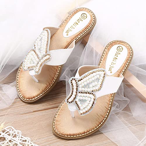 BUXIANGGAN Hausschuhe Pantoletten Slipper Damen Herren Frauen Sandalen Schuhe Runde Zehe Mode Strass Perle Prise Sandalen Modische Bequeme Strandschuhe 37 Weiß von BUXIANGGAN