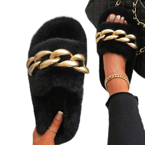 BUXIANGGAN Hausschuhe Slipper Pantoffeln Weibliche Fluffy Slides Plüsch Warme Hausschuhe Kette Flip Flops Hausschuhe Slip-On Dicker Boden Damen 38 Schwarz von BUXIANGGAN