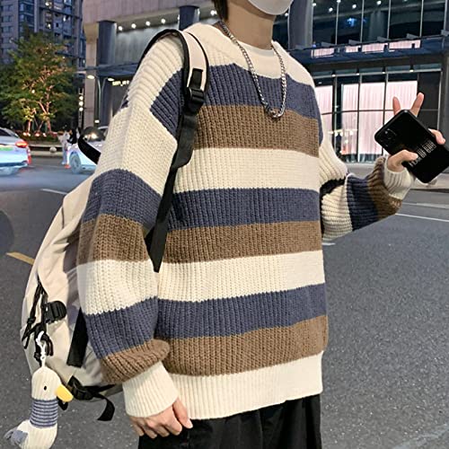 BUXIANGGAN Pullover Sweatshirts Gestreifte Pullover Männer Beliebter Strickpullover Lose Studenten O-Ausschnitt Design Trendy Retro Einfach Asiatischgrößel Braun von BUXIANGGAN