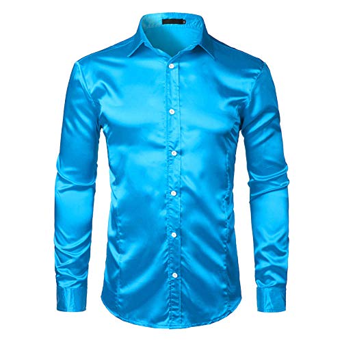 BUXIANGGAN T Shirts Hemd Herren Weiches Hemd Langarm Glänzende Knöpfe Satin Smokinghemd Für Hochzeit Prom-Blau_L von BUXIANGGAN