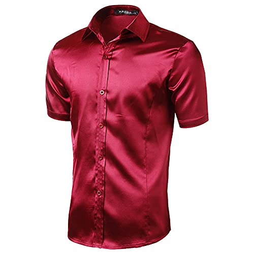 BUXIANGGAN T Shirts Hemd Lila Satinhemd Herren Einfarbig Lässig Slim Fit Kurzarm Kleidung Für Party Events-Rot_M von BUXIANGGAN