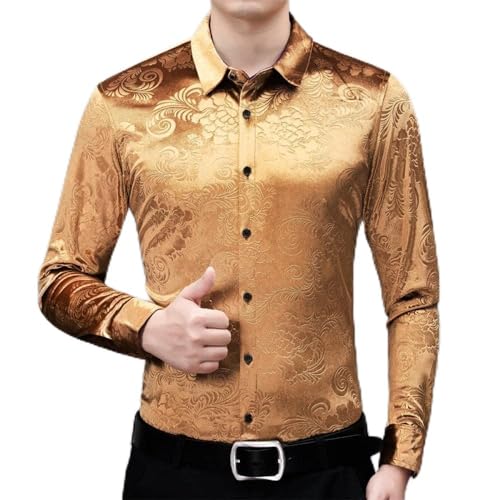 BUXIANGGAN T Shirts Hemd Mens Red Floral Dress Shirts Stilvolle Neue Slim Fit Langarm Chemise Homme Casual Social Wedding Party Chemise-Gold_Asian_Size_4XL von BUXIANGGAN
