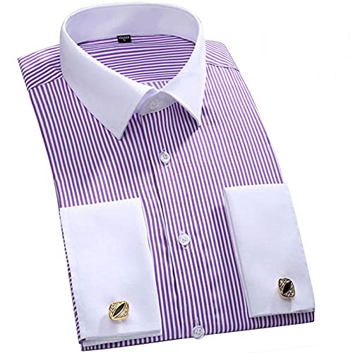 BUXIANGGAN T Shirts Hemd Vertikal Gestreiftes Manschettenknopfhemd Herren Casual Slim Fit Langarmhemd Französisches Manschettenhemd Herrenhemden-Purple_Striped_Asian_M von BUXIANGGAN