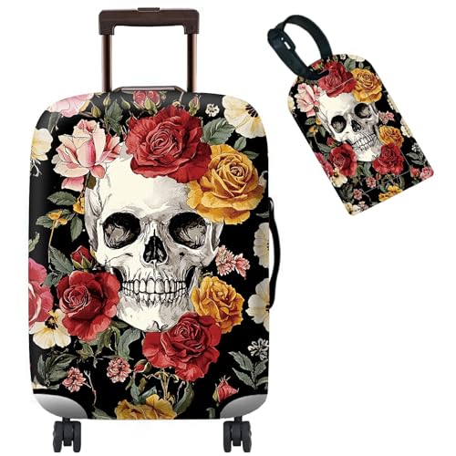 BWEGRHE Gepäckabdeckung, Kofferschutz plus 1 Gepäckanhänger, geeignet für 45,7–76,2 cm große Gepäckstücke, Sugar Rose Skull, S, Gepäckabdeckung von BWEGRHE