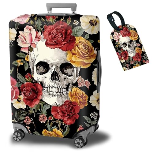 BWEGRHE Gepäckabdeckung, Kofferschutz plus 1 Gepäckanhänger, geeignet für 45,7–76,2 cm große Gepäckstücke, Sugar Rose Skull, XL, Gepäckabdeckung von BWEGRHE