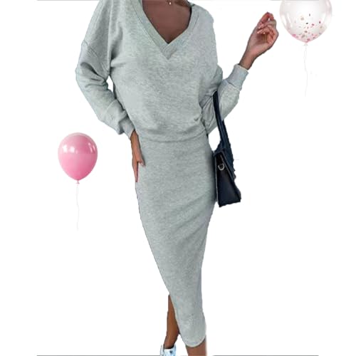 BXCZEDW 2-teiliges Kleid-Set für Damen, Frühling, Herbst, V-Ausschnitt, langärmelig, Sweatshirt, Kleid, figurbetonte Outfits (Größe XL, Beige) von BXCZEDW