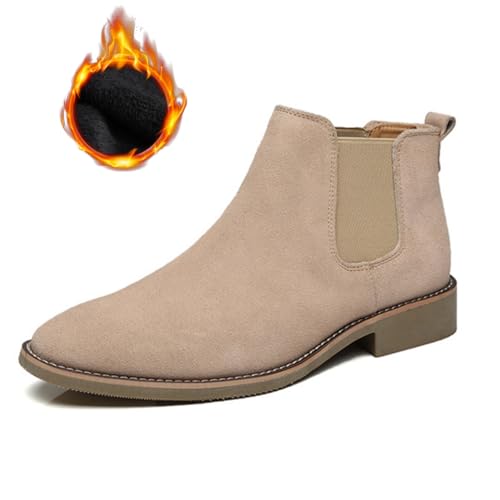 BXCZEDW Chelsea-Stiefel für Herren, Leder, Wildleder, elastisch, Schlupfstiefel, Plüschfutter, bequem, warm, Rindsleder, Wüstenstiefel (2 Aprikosenplüsch, Größe 44) von BXCZEDW