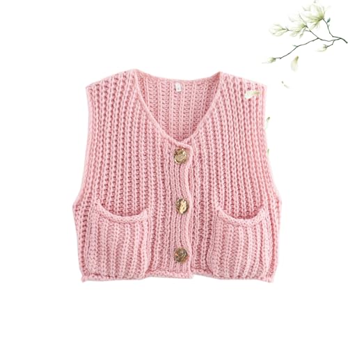 BXCZEDW Damen Grobstrick-Pullover-Weste, bauchfrei, ärmellos, mit Taschen, trendiges Damen-Top (Größe M, Rosa) von BXCZEDW