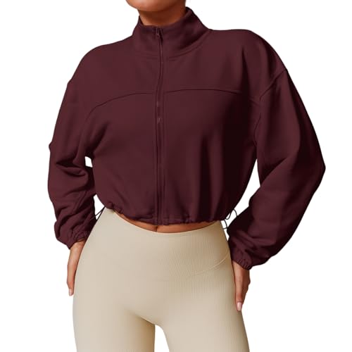 Damen Fitnessjacke mit durchgehendem Reißverschluss, warm, Stehkragen, bauchfreies Sweatshirt, langärmelig, Kordelzug am Saum, bauchfreier Workout-Mantel (Weinrot, klein) von BXCZEDW