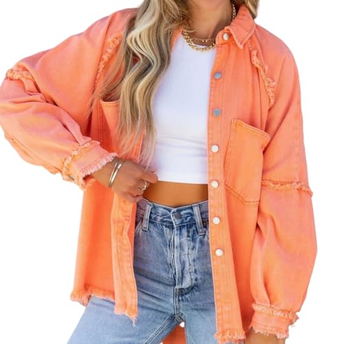 Damen-Jeansjacke 2024, lässig, übergroß, lange Ärmel, gewaschenes Revers, Knopf, Fransen, ausgefranster Saum, Jacke mit Taschen (Orange, Größe L) von BXCZEDW