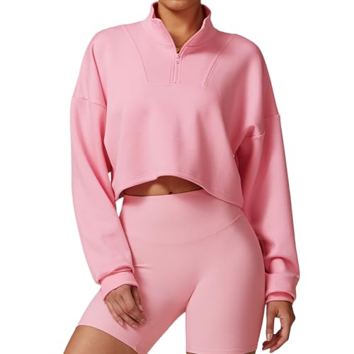 Damen-Kapuzenpullover mit halbem Reißverschluss, Stehkragen, bauchfrei, lange Ärmel, fallende Schultern, trendig, Damen-Kapuzenpullover (Rosa, Größe S) von BXCZEDW